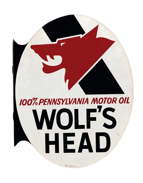 WOLFS HEAD MOTOR OIL TIN FLANGE SIGN.