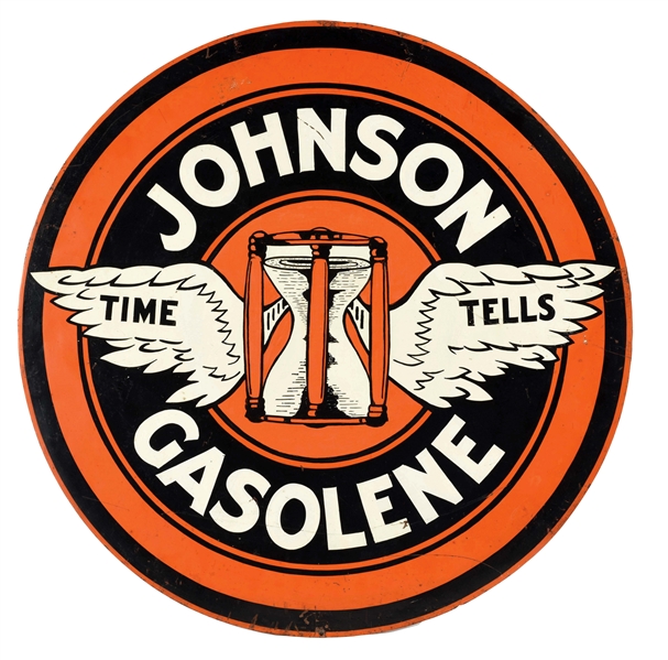 VERY RARE JOHNSON GASOLINE TIME TELLS TIN CURB SIGN WITH WING GRAPHIC.