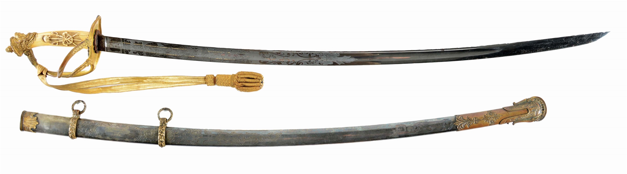 A RARE AND HISTORICALLY IMPORTANT CIVIL WAR SABER WITH RAISED CARVED IVORY GRIP AND SILVER SCABBARD PRESENTED TO CAPTAIN JAMES BLISS FROM VETEARNS OF COMPANY B, 8TH NEW YORK CAVALRY.