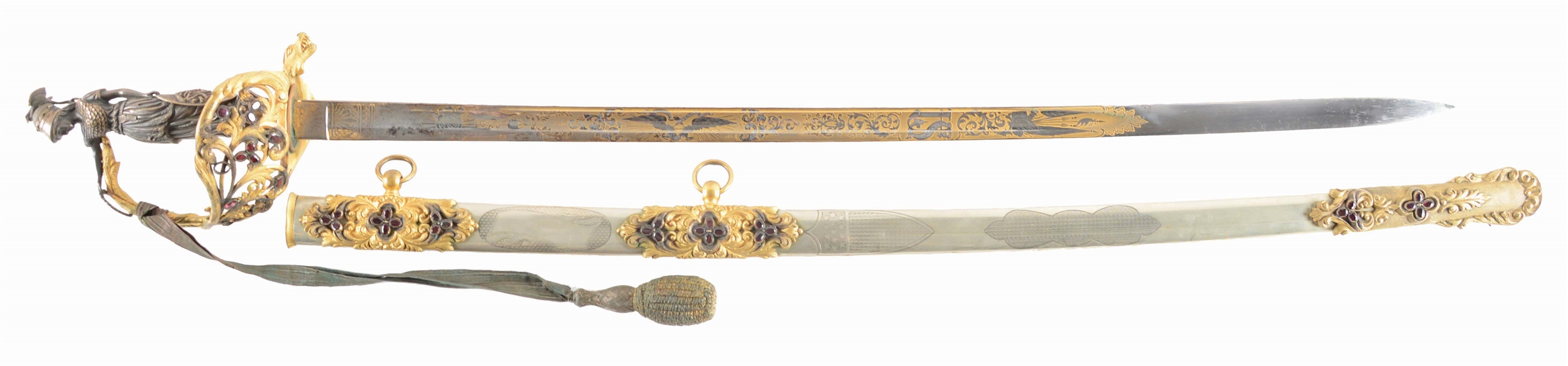 AN EXTREMELY FINE AND ELABORATE STATUE HILTED CIVIL WAR PRESENTATION SWORD WITH AMETHYST INLAID GILT BRASS MOUNTS AND SILVERED SCABBARD.