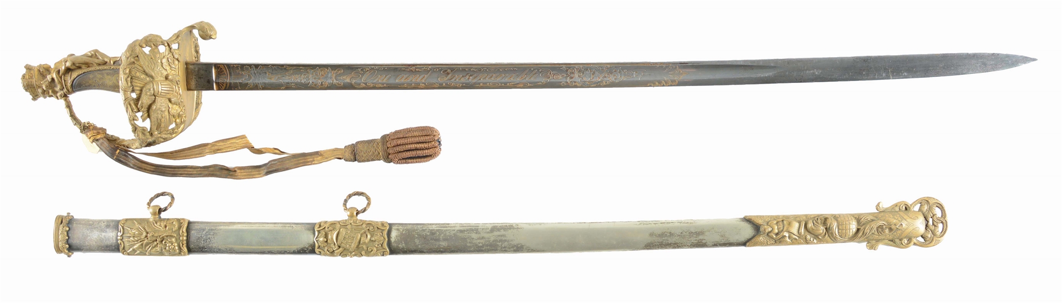 A VERY FINE AND ELABORATE LIBERTY HILT CIVIL WAR PRESENTATION SWORD GIVEN TO LIEUTENANT COLONEL AND ACTING INSPECTOR-GENERAL W.D. SMITH, SCABBARD MOUNT ENGRAVED STAPLETON AND CO., WITH SILVER GRIP.