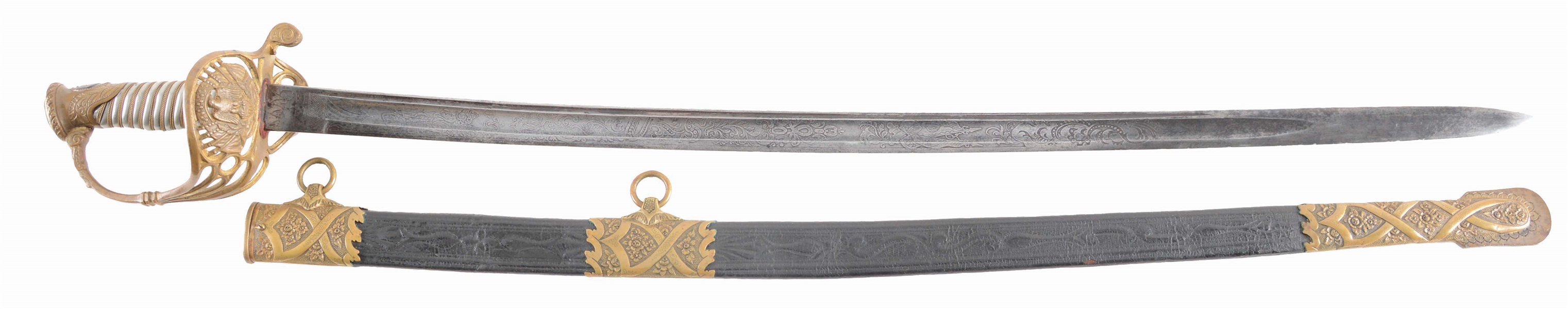 AN EXTREMELY UNUSUAL, POSSIBLY UNIQUE, CIVIL WAR OFFICERS SWORD WITH BLADE ETCHED WITH A BATTLE SCENE FEATURING UNION TROOPS WITH ARTILLERY VERSUS CONFEDERATES, WHO ARE SURRENDERING.