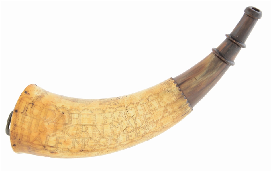 IMPORTANT ENGRAVED POWDER HORN OF JUDAH THACHER DATED 1758, EX. WILLIAM GUTHMAN COLLECTION.