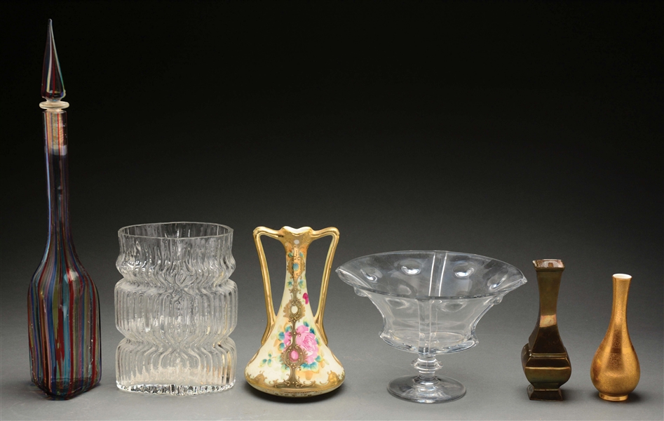 LOT OF 6: ASSORTED GLASS, BRASS AND PORCELAIN VASES. 
