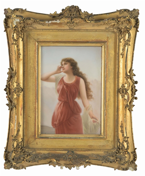 PORCELAIN PLAQUE OF A WOMAN IN A RED DRESS.