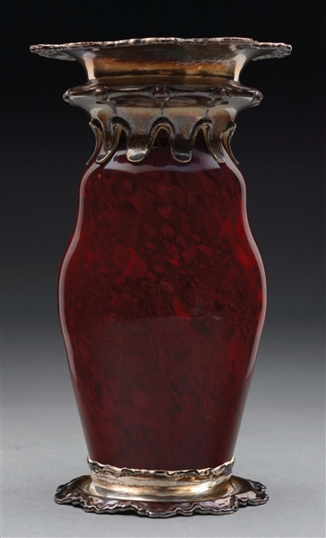 TIFFANY RED FAVRILE VASE WITH SILVER MOUNTS.