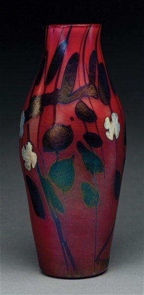 TIFFANY RED DECORATED VASE.