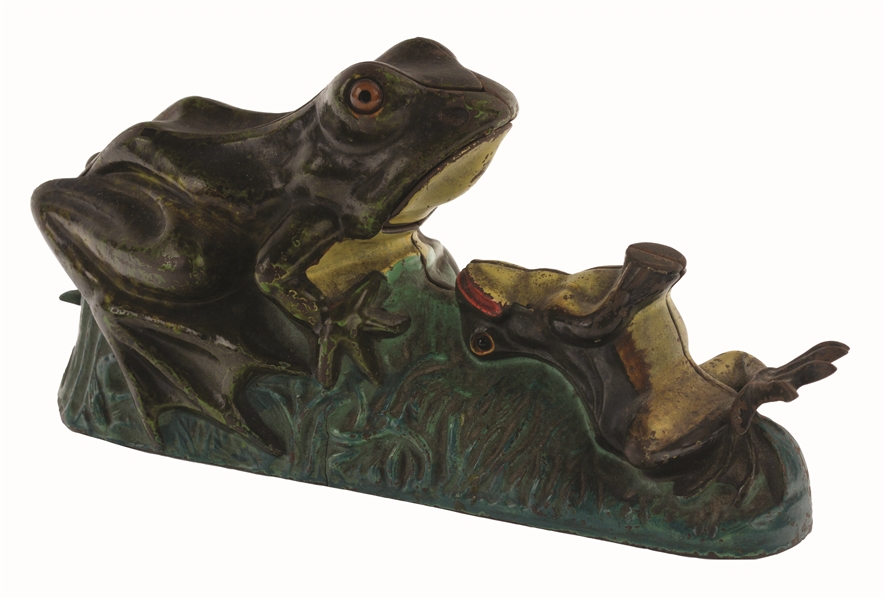 J. & E. STEVNS TWO FROGS CAST-IRON MECHANICAL BANK. 