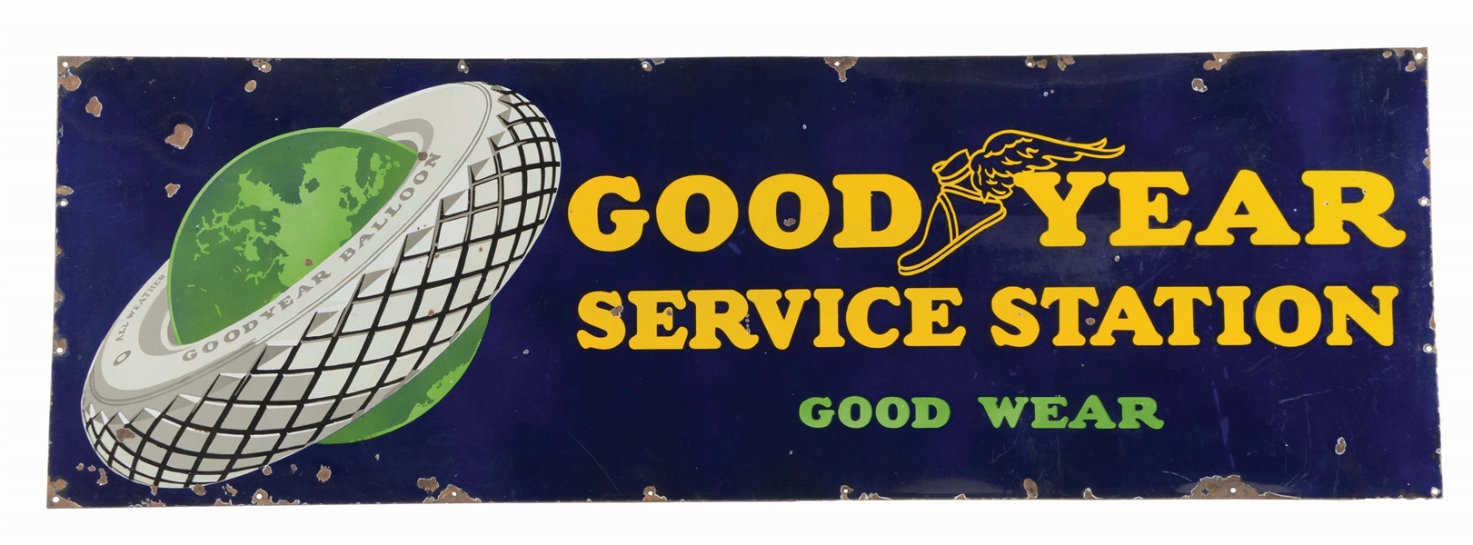 GOODYEAR TIRES SERVICE STATION PORCELAIN SIGN W/ GREEN GLOBE GRAPHIC.