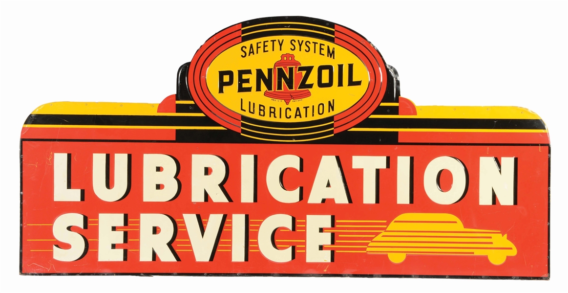 PENNZOIL LUBRICATION SERVICE EMBOSSED TIN SIGN W/ WOOD BACKING. 