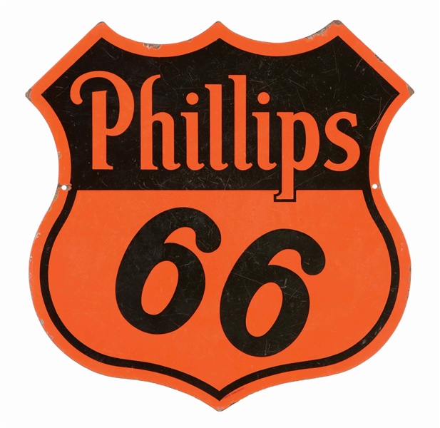 PHILLIPS 66 GASOLINE & MOTOR OIL PORCELAIN SHIELD SIGN.