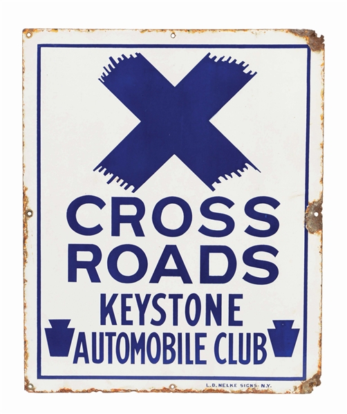 KEYSTONE AUTOMOBILE CLUB CROSS ROADS PORCELAIN ROAD SIGN.