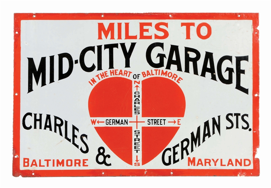 RARE MID-CITY GARAGE PORCELAIN MILE MARKER SIGN W/ HEART GRAPHIC.