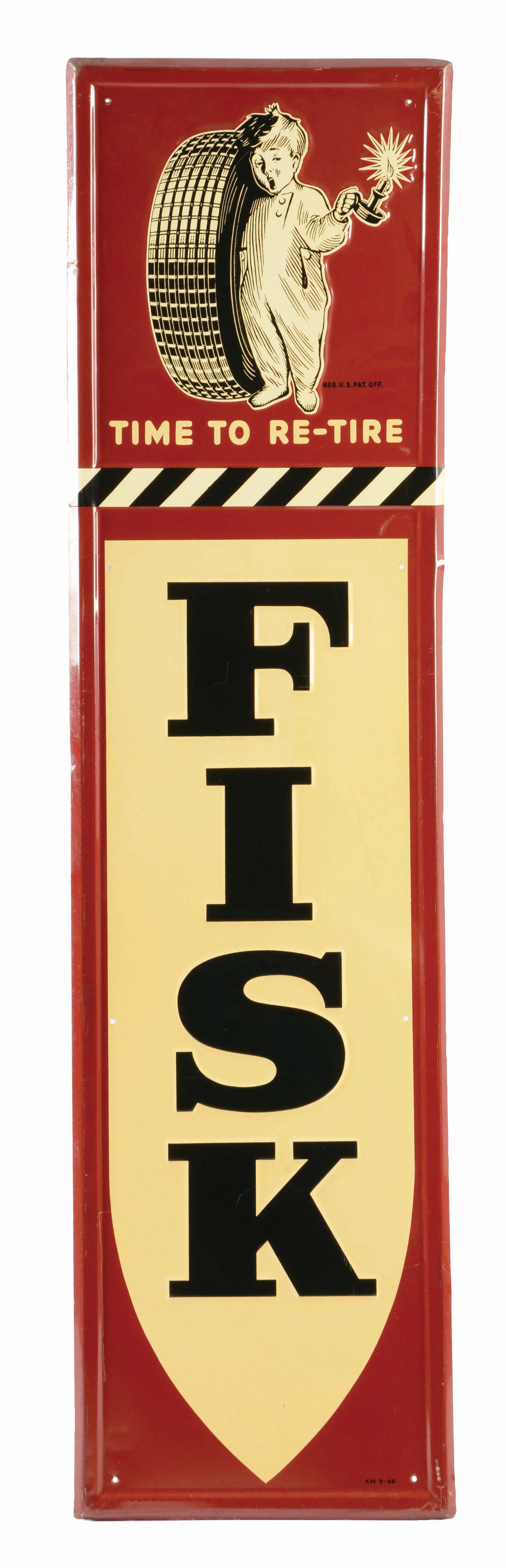 Lot Detail - FISK TIRES EMBOSSED TIN SERVICE STATION SIGN W/ BOY GRAPHIC.