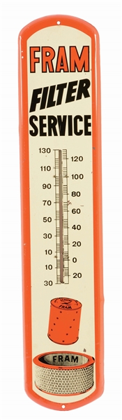 FRAM OIL FILTER SERVICE TIN THERMOMETER W/ FILTER GRAPHIC.