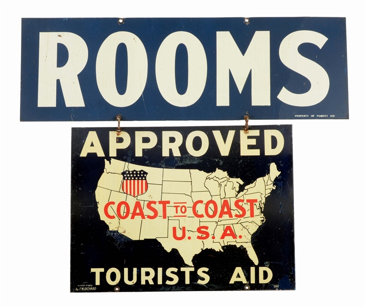APPROVED TOURISTS AID & ROOMS TWO PIECE TIN SIGN.