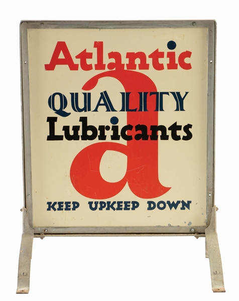 ATLANTIC QUALITY LUBRICANTS PAINTED TIN CURB SIGN IN ORIGINAL STAND. 
