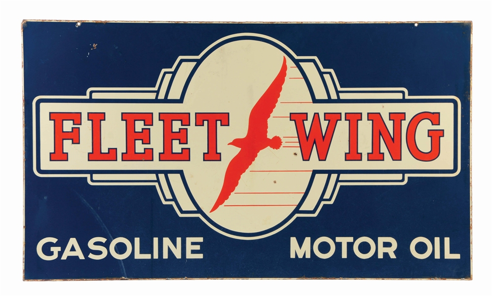 RARE FLEET WING GASOLINE & MOTOR OIL PORCELAIN SIGN W/ BIRD GRAPHIC.