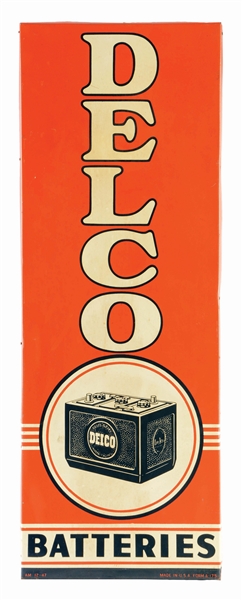 DELCO BATTERIES VERTICAL TIN SIGN W/ ORIGINAL WOOD BACKING. 