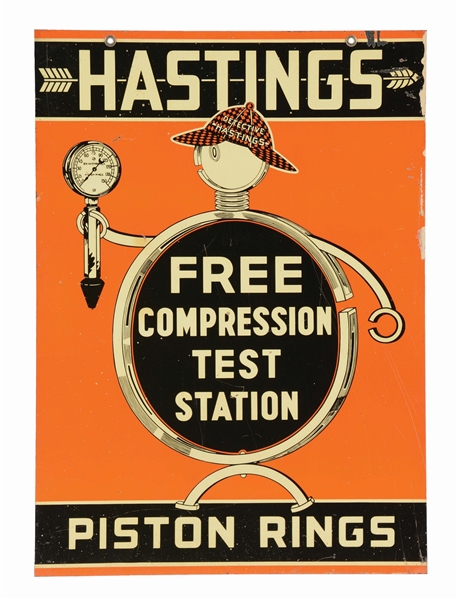 HASTINGS PISTON RINGS TEST STATION TIN SIGN W/ DETECTIVE HASTINGS GRAPHIC.