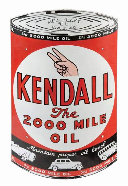 KENDALL MOTOR OIL DIE CUT PORCELAIN CAN SIGN W/ AUTOMOTIVE GRAPHICS. 