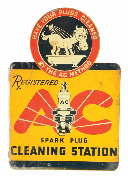 AC SPARK PLUGS CLEANING STATION TIN FLANGE SIGN W/ SPARKY GRAPHIC.