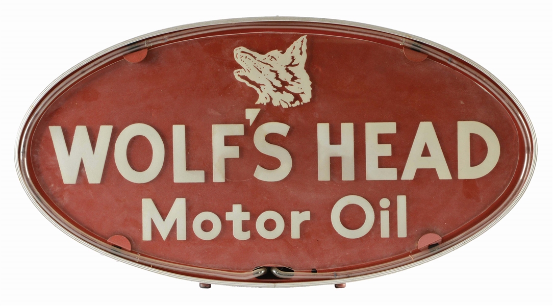 WOLFS HEAD MOTOR OIL ETCHED GLASS NEON SERVICE STATION DISPLAY.