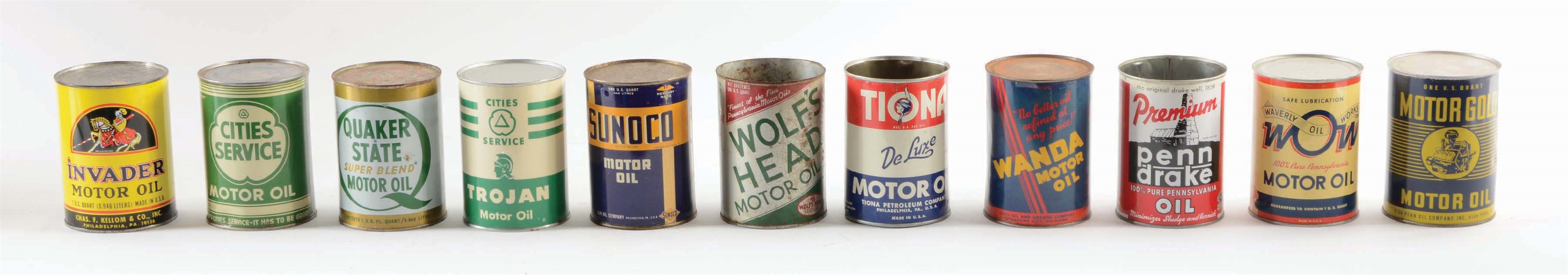 LOT OF 11: ONE QUART MOTOR OIL CANS.