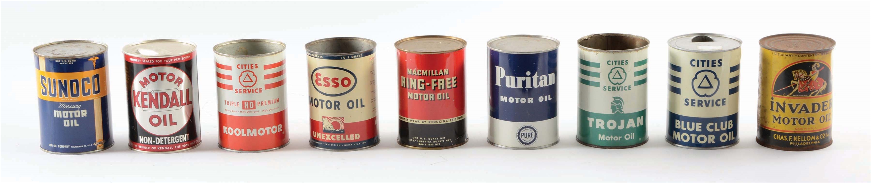 LOT OF 9: ONE QUART MOTOR OIL CANS. 