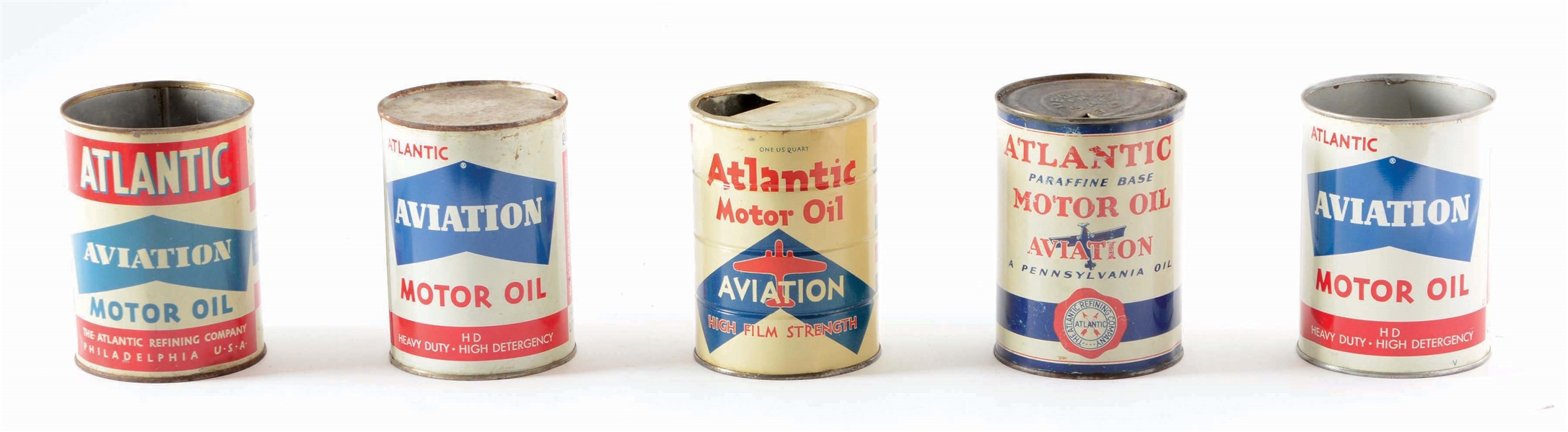 LOT OF FIVE: ATLANTIC AVIATION MOTOR OIL ONE QUART CAN LOT.