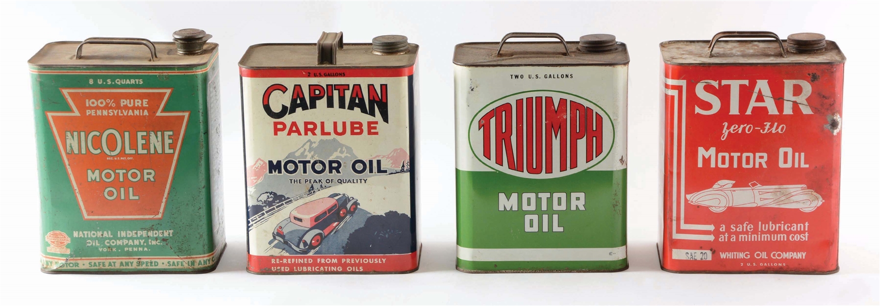 LOT OF FOUR: TWO GALLON MOTOR OIL CANS.