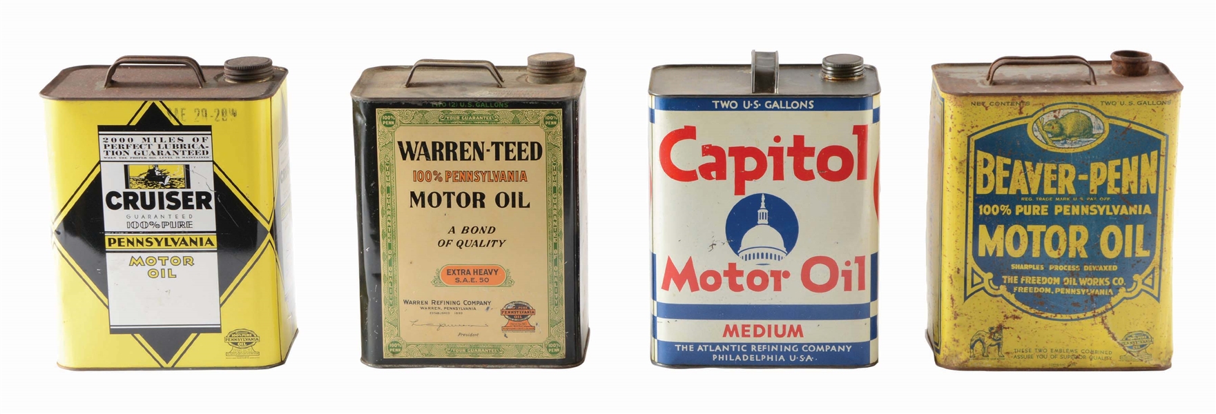 LOT OF FOUR: TWO GALLON MOTOR OIL CANS.