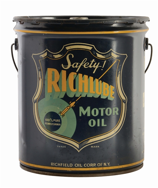 RICHLUBE MOTOR OIL FIVE GALLON OIL BUCKET W/ RACE CAR GRAPHIC.