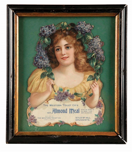 WESTERN TOILET CO.S ALMOND MEAL DIE CUT LITHOGRAPH IN FRAME.