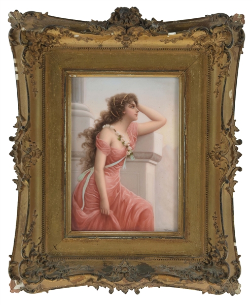 FRAMED PORCELAIN PICTURE OF LADY PINK DRESS.