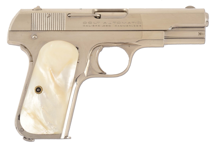 (C) FACTORY NICKEL COLT MODEL 1908 .380 ACP SEMI-AUTOMATIC PISTOL WITH PEARL GRIPS (1928).