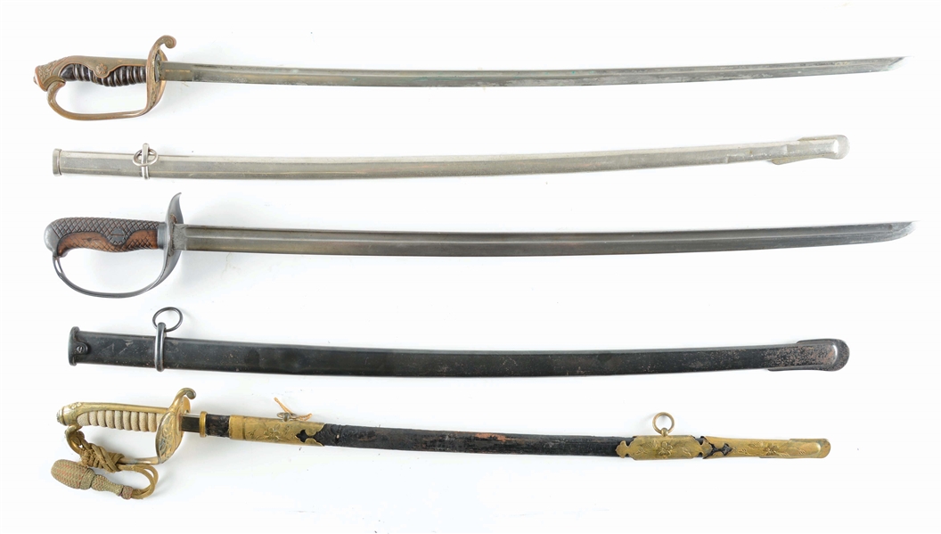 LOT OF 3: JAPANESE MILITARY OFFICERS SWORDS IN SCABBARDS.