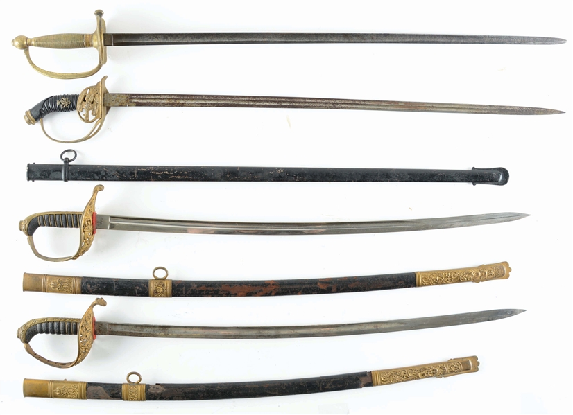 LOT OF 4: ONE MODEL 1840 NCO SWORD, ONE PRUSSIAN MODEL 1889 INFANTRY OFFICERS SWORD, AND TWO AUSTRIAN OFFICERS SWORDS CIRCA 1890.