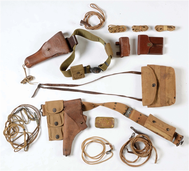 LOT OF 16: EARLY 20TH CENTURY U.S. ARMY HOLSTERS, BELTS, LANYARDS AND POUCHES.