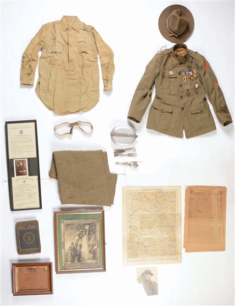 WORLD WAR I IDENTIFIED FIRST DIVISION UNIFORM,  SILVER STAR AND PURPLE HEART GROUP.