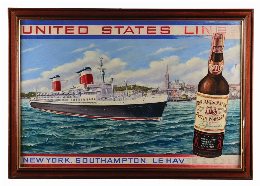 AN UNUSUAL ARTISTS ADVERTISING PROOF FOR JAMESON WHISKEY FEATURING THE S.S. UNITED STATES SAILING FROM NEW YORK TO CORK TO LE HAVRE.