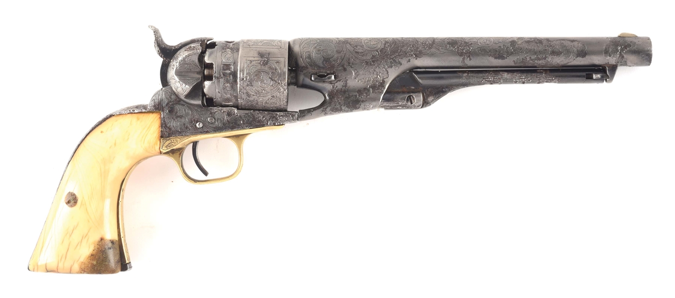 (A) ENGRAVED COLT MODEL 1860 ARMY PERCUSSION REVOLVER WITH IVORY GRIPS.
