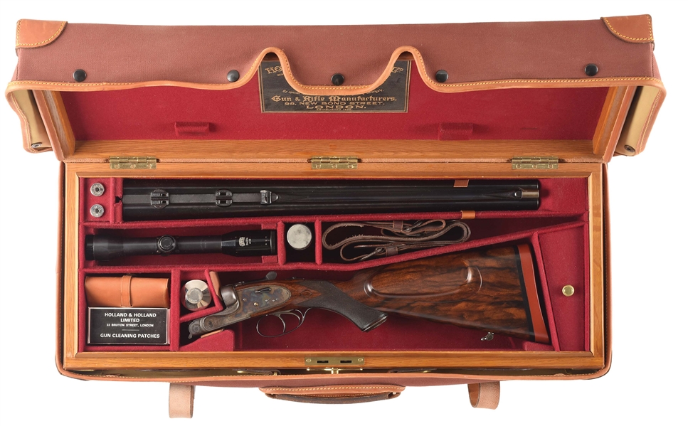 (C) 100 GRAIN CORDITE .577 HOLLAND & HOLLAND ROYAL HAMMERLESS EJECTOR DANGEROUS GAME STOPPING DOUBLE RIFLE WITH SCOPE AND CASE.