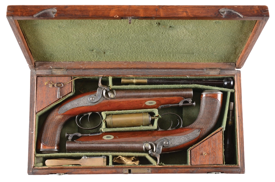 (A) LOT OF 2: GOOD CASED PAIR OF ENGLISH DOUBLE BARRELED PERCUSSION OFFICERS "HOWDAH" PISTOLS BY LACY & COMPANY (1822-1853) - 21 GREAT STREET, ST. HELENS STRAND.
