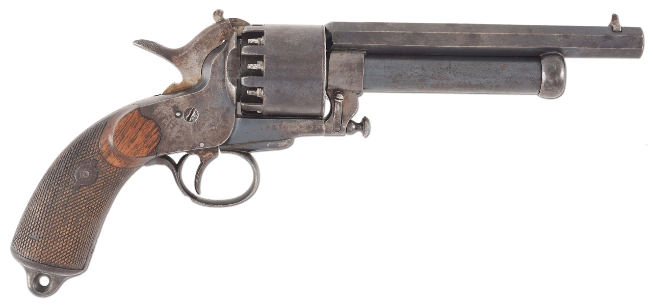 (A) A VERY RARE AND UNUSUAL, POSSIBLY EXPERIMENTAL, LEMAT PERCUSSION REVOLVER, COMPLETELY UNMARKED EXCEPT FOR SERIAL NUMBER AND MADE WITH NO PROVISION FOR A LOADING LEVER IN UNUSUALLY FINE CONDITION.
