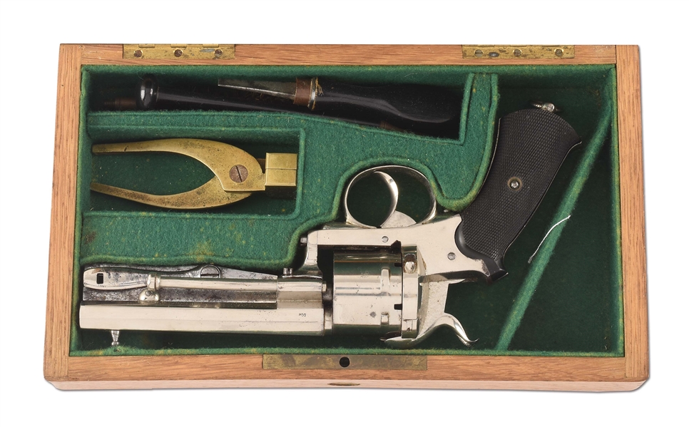 (A) GOOD CASED LEFAUCHEUX SIX SHOT PINFIRE REVOLVER WITH FOLDING BAYONET CIRCA 1860.
