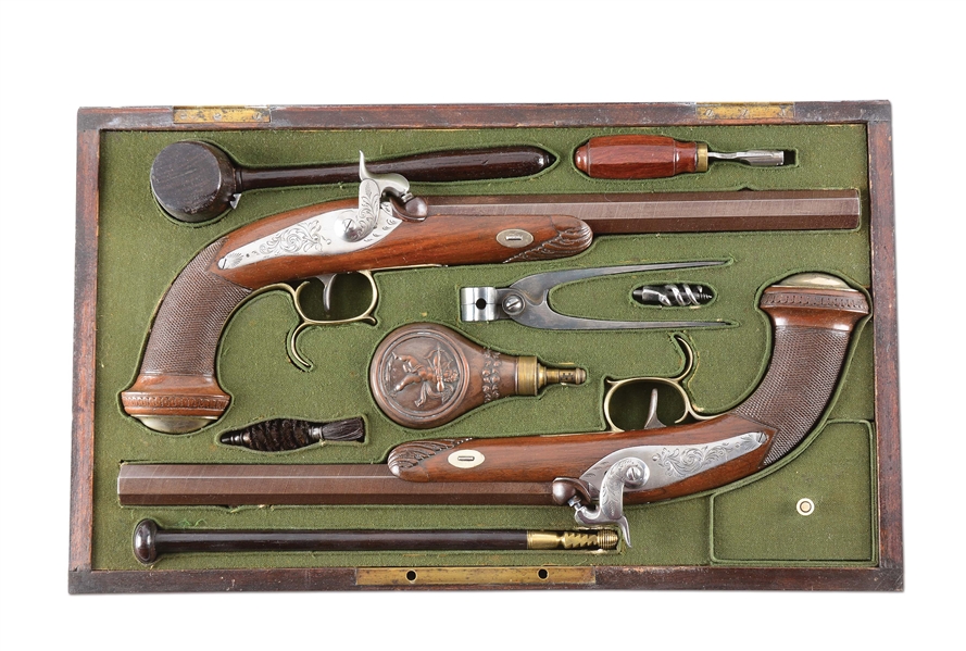 (A) GOOD CASE PAIR OF BELGIAN PERCUSSION DUELING PISTOLS WITH FULL ACCESSORIES CIRCA 1850.