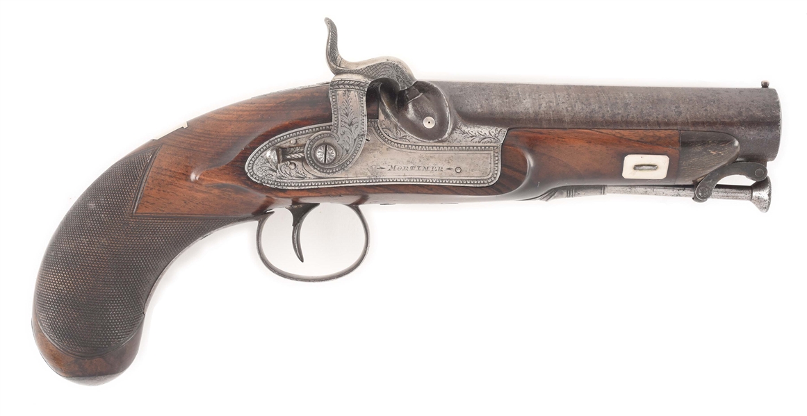 (A) MASSIVE ENGLISH PERCUSSION OFFICERS PISTOL BY MORTIMER, LIKELY JOHN (1809-1870) - CIRCA 1845.