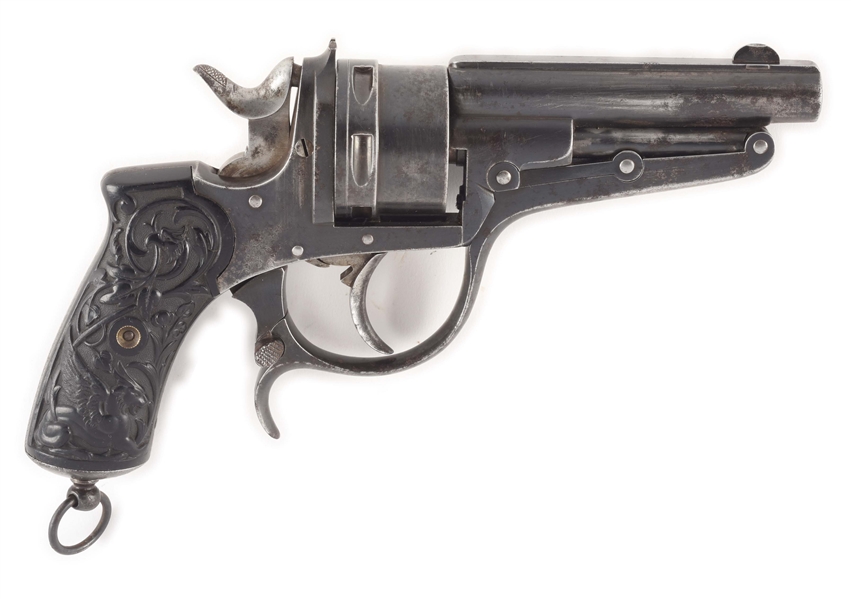 (A) GOOD AND RARE GALAND DOUBLE ACTION REVOLVER WITH VERY ATTRACTIVE RELIEF CAST AND ENGRAVED GUTTA PERCHA GRIPS.