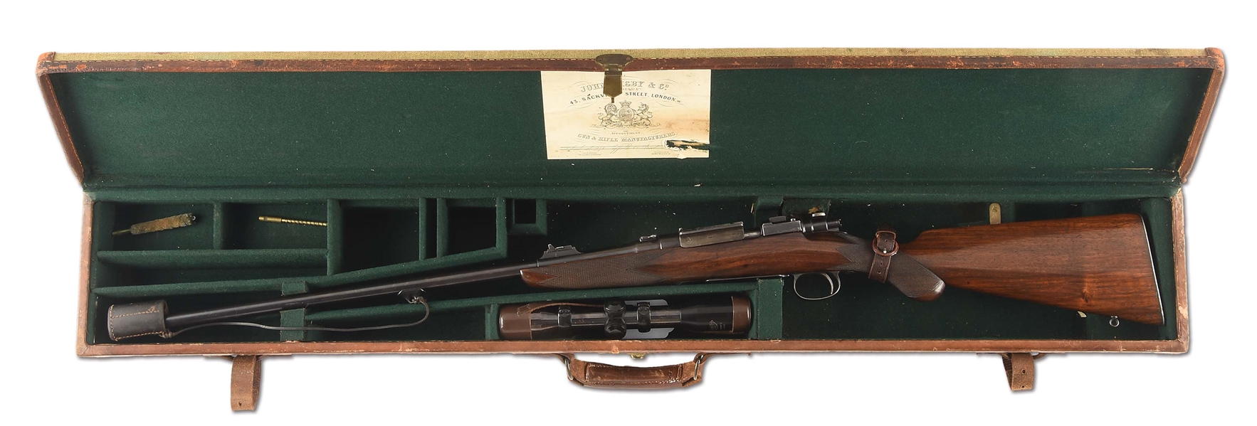 (A) JOHN RIGBY MAUSER .275 HV (7MM MAUSER) BOLT ACTION RIFLE WITH SCOPE AND CASE.